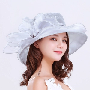Elegant silver organza sun hat for women with wide brim and bow for formal weddings