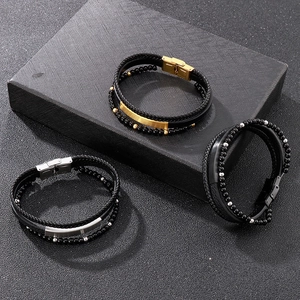 Men's multilayer braided leather bracelet with beads and metal plates in gold, silver, black