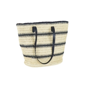 Large beige straw tote bag with black stripes and PU straps on white background
