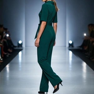 Chic dark green wide-leg jumpsuit with short sleeves and lapel collar for women