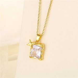 Stainless Steel Necklace Gold Plated Rectangle Zircon Pendant Star Accent Minimalist Elegant Jewelry For Women