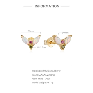 Macro detail of S925 silver butterfly opal earrings with size dimensions and specs