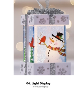 Macro view of glowing Christmas lantern with snowman and warm light effect