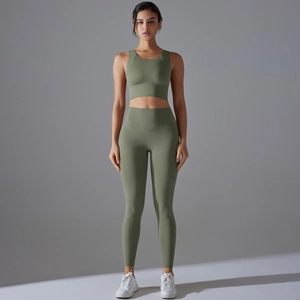 Olivgrünes Yoga-Set für Damen mit Sport-BH und High-Waist-Leggings für Fitness und Laufen