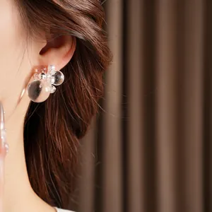 Silver needle stud earrings with transparent beads and white pearls for women