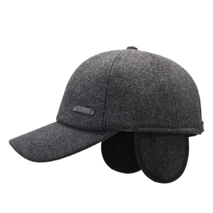 Winter wool baseball cap for men with ear flaps in dark grey, warm padded sport hat