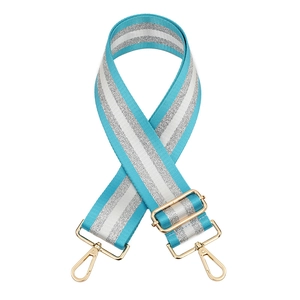 Close-up of sky blue strap with silver stripes and shiny gold hardware clips