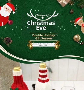 Detail of Christmas wine bottle cover with knitted red hat and festive striped design