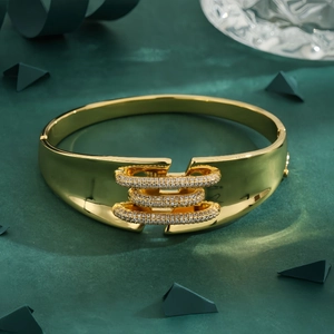Gold Plated Copper Bangle Bracelet With Three Row Micro Pave Cubic Zirconia Luxury Modern Jewelry For Women Hinge Closure