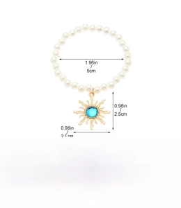 Detailed size specifications for pearl beaded bracelet with blue gemstone sun pendant