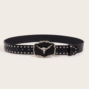Western style black leather belt with silver rivets and vintage bull head buckle