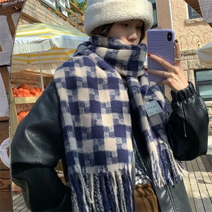 Detail of blue and white checkered scarf with fringe tassels shown in an outdoor mirror selfie