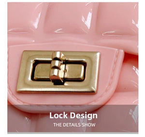 Detail shot of pink jelly bag showing classic quilted pattern and gold metal lock clasp