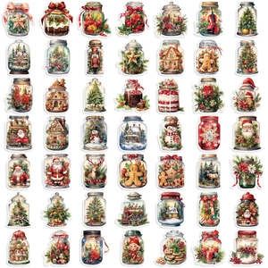 Lot de 50 stickers de Noël en bocal avec motifs vintage de Père Noël et de rennes