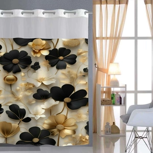 3D modern floral shower curtain with black, white and gold flowers and metal rings