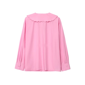 Back view of pink long sleeve shirt featuring delicate embroidered scalloped collar details