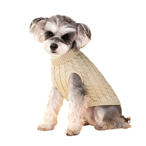 Beige cable knit dog sweater featuring a turtleneck design for winter warmth and comfort