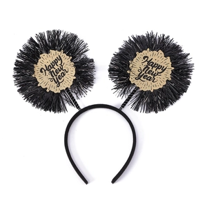 Festive Happy New Year headband with black tinsel pom-poms and gold lettering decorations