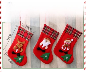 Detailed size specifications for Christmas stockings with Santa, reindeer and snowman designs