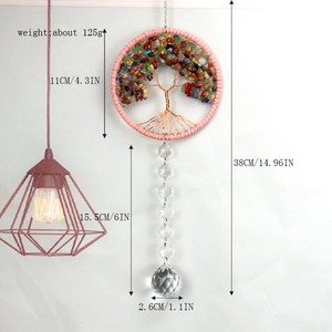 38cm Tree of Life crystal suncatcher with colorful natural stones and clear faceted ball
