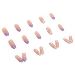 Purple French tip and white daisy floral pattern on medium oval press-on nails