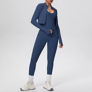 Dettagli del set yoga blu scuro 3 pezzi con giacca a zip e leggings sportivi a vita alta