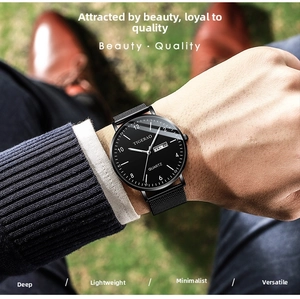 Close-up of men's TIGERAO black quartz watch with mesh strap in a lifestyle outdoor setting