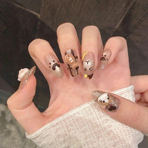Handmade press-on nails with 3D cat heads and champagne gold leopard cat eye designs