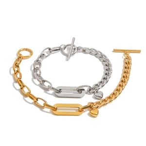 18K gold and silver plated chunky Cuban link bracelet with heart charm and toggle clasp