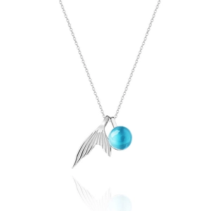 Silver mermaid tail necklace with a light blue spherical bead on a white background