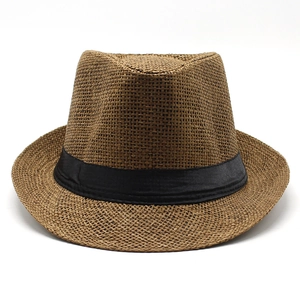 Classic brown woven straw fedora hat for summer with a stylish black decorative ribbon band