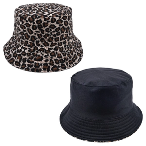 Detail of reversible leopard print bucket hat with black inner side and reinforced stitching