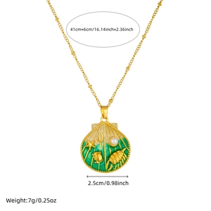Gold shell pendant necklace with green enamel sea life patterns and pearl accent
