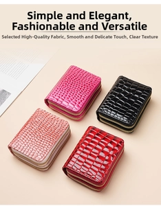 Detail of four double-zipper card holders in crocodile texture and various vibrant colors