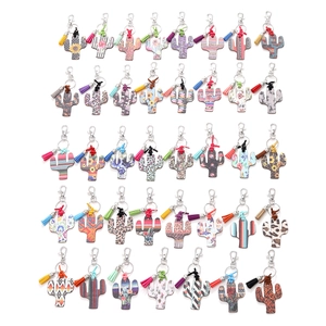 Cactus wooden keychains with leopard print and ethnic patterns with colorful tassels