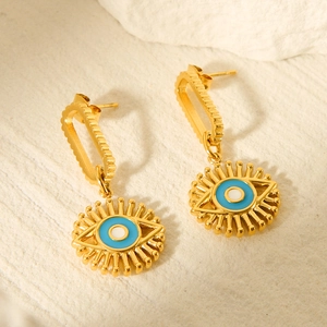 Fashionable gold-plated stainless steel evil eye earrings with blue oil drip details