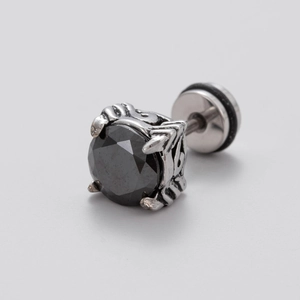 Men's dragon claw stainless steel stud earrings featuring a round black cubic zirconia stone