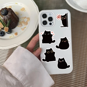 Cute black cat cartoon pattern printed on a white smartphone case with decorative flowers