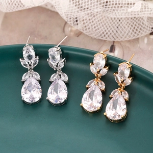Elegant AAA teardrop zircon earrings in gold and silver finish for bridal wedding dresses