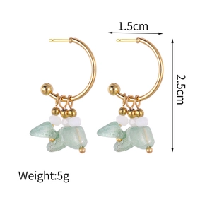 14k gold-plated C-shaped earrings with green natural stones and beads on white background