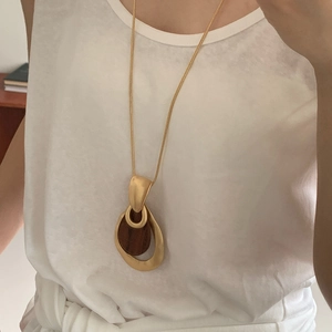 Unique matte gold and dark wood double hoop teardrop pendant necklace for women