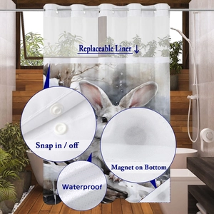 Detail of waterproof waffle shower curtain with snap-on liner and clear top window mesh