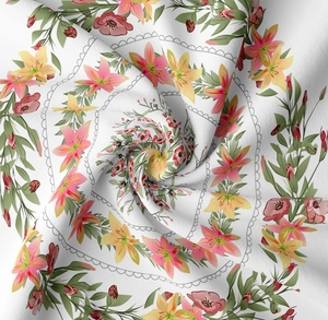 Detail shot of white floral tapestry fabric texture showing pink lilies and green leaves