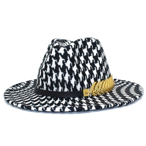 Classic houndstooth felt fedora hat with black leather band and golden leaf pendant