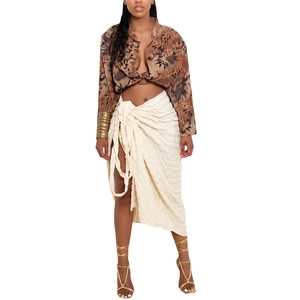 Women's autumn high-waisted beige drawstring split skirt with floral long sleeve shirt