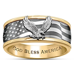 Gold eagle ring for men with American flag pattern and God Bless America engraving