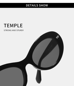 Detail view of high-quality black oval sunglasses showing the strong hinge and sturdy temple