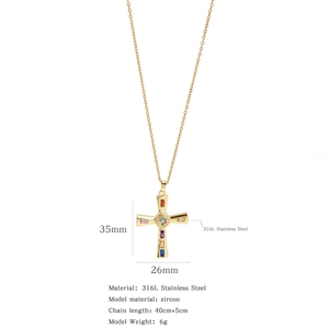 Waterproof gold cross pendant necklace in 316L stainless steel with zircon stones