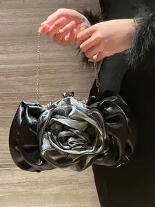 Elegant 3D rose flower evening clutch bag in black and silver satin with chain