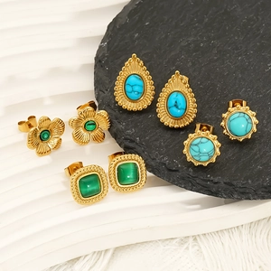 Boucles D'oreilles Puces Vintage Plqué Or 18K Acier Inoxydable 304 Turquoise Oeil De Chat Étanche Hypoallergénique